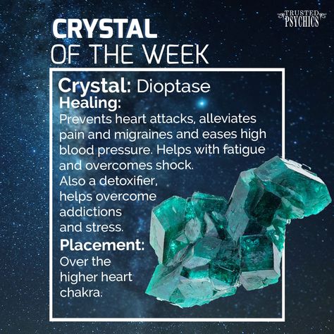 CRYSTAL OF THE WEEK!  Now is a good time to begin your spring detox! relieve some stress before summer kicks off! 💠✨  #TrustedPhsychics #Psychic #Crystal #Dioptase #healer #healing #heart #tired #migraines Dioptase Crystals Meaning, Witchy Crystals, Dioptase Crystal, Crystals Meaning, Healing Heart, Crystal Meanings, Heart Chakra, Good Time, Psychic