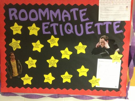 I like the idea of starting with a "roommate etiquette" board since I'll be on a First Year hall Roommate Agreement Bulletin Board, Roommate Ra Bulletin Board, Roommate Board, Roommate Tips, Ra Bulletin Boards Roommate Conflict, Ra Bulletin Boards New Semester, Dorm Hallway, Academic Success Bulletin Board Ra, Ra College