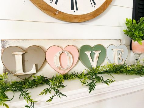 Love is in the Air Sign All You Need Is Love Sign Wall Art, Heart Shaped Signs Wooden, Valentine’s Day Wooden Signs, Valentine Shelf Sitters, Waverly Chalk Paint, Cardboard Letters, Valentine's Decor, Home On A Budget, Antiquing Glaze