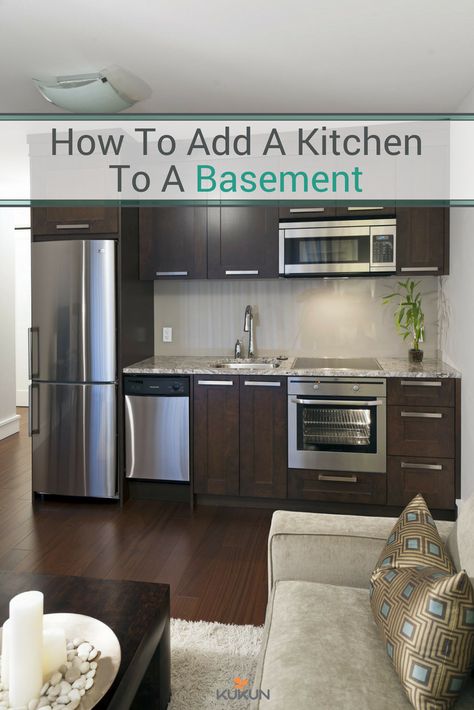 5 Tips For Adding A Kitchen To A Basement Suite                                                                                                 [Basement Kitchenette, Basement Kitchen, Adding A Kitchen To A Basement, Small Kitchen Ideas, Wood Kitchen Cabinets, Kitchen Living Room Ideas, Granite Countertops, Suede Sofa] Small Basement Kitchen, Single Wall Kitchen, Contemporary Basement, Basement Kitchenette, One Wall Kitchen, Small Apartment Kitchen, Kabinet Dapur, Basement Kitchen, Basement Apartment