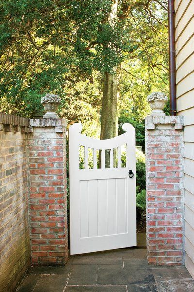 Updated Colonial Gate Updated Colonial, Arbor Gate, Classic Exterior Design, Brick Pillars, Wooden Garden Gate, Backyard Gates, Garden Gates And Fencing, Garden Gate Design, Front Gate