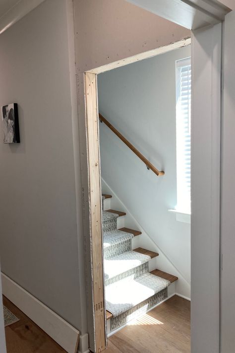 Tiny Landing Ideas Upstairs, Door To Staircase, Adding Door To Opening, Bottom Of Stairs Door Ideas, Enclosed Basement Stairs, Door On Stairs, Door At Bottom Of Basement Stairs, How To Add A Door To An Opening, Door At Bottom Of Stairs