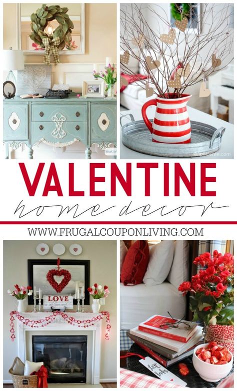 Valentine Home Decor Ideas on Frugal Coupon Living plus FREE Valentine's Day Printables and Kid's Food Crafts.  #valentines #valentinesday #valentinesdaydecor #valentinesdayideas #valentinedecor #homedecor #valentinecrafts #crafts February Home Decor, Valentine Home Decor Ideas, Valentine Wreath Craft, Valentine Home Decor, Kids Food Crafts, Saint Valentin Diy, Valentine Wreath Diy, Valentines Bricolage, Fireplace Designs