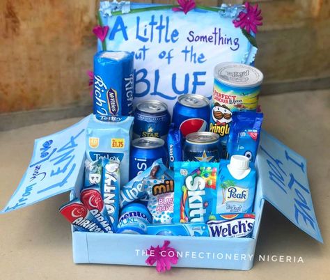 Something out of the blue gift box for your boyfriend Blue Gift Box Ideas, Out Of The Blue Gifts For Boyfriend, Color Party Basket Ideas Blue, Light Blue Gift Basket Ideas, Blue Box Gift Ideas Boyfriend, Something Out Of The Blue For Boyfriend, Blue Gift Basket Ideas For Him, Everything Blue Gift Basket, Birthday Gifts For Boyfriend Baskets Blue