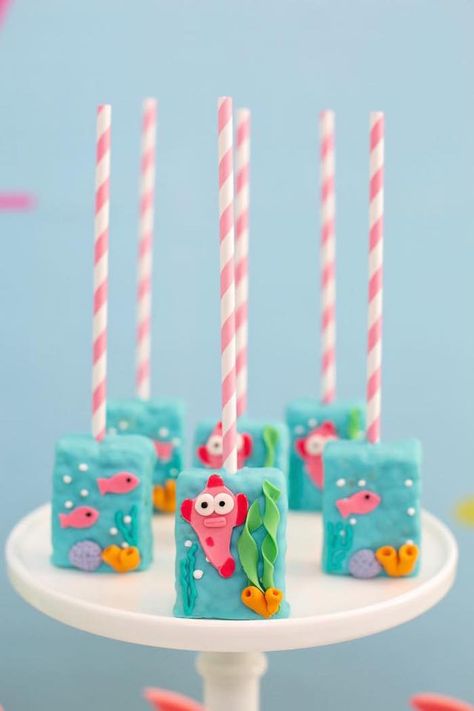 Under the Sea Rice Krispie Treats from a Baby Shark Birthday Party on Kara's Party Ideas | KarasPartyIdeas.com (11) Baby Shark Rice Crispy Treats, Baby Shark Treats Ideas, Baby Shark Treats, Dessert Pops, Shark Fin Cupcakes, Baby Shark Birthday Party, Shark Birthday Cakes, Baby Shark Birthday