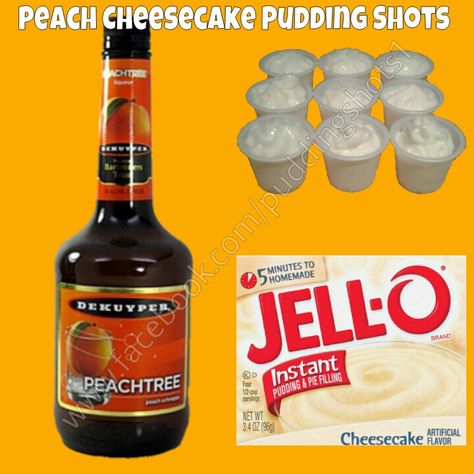 Peach Cheesecake Pudding Shots. See full recipe and more on www.facebook.com/puddingshots1 Jello Shooters Recipe, Cheesecake Pudding Shots, Boozy Cupcakes Recipes, Summer Mixed Drinks, Pudding Shot Recipes, Alcoholic Recipes, Jello Shooters, Jello Pudding Shots, Boat Drinks