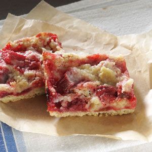 Gluten-Free Rhubarb Bars Recipe from Taste of Home -- shared by Lisa Wilson of Virginia, Minnesota Rhubarb Bars Recipes, Gluten Free Rhubarb, Rhubarb Custard Bars, Rhubarb Bars, Strawberry Bars, Gluten Free Milk, Rhubarb Desserts, Rhubarb And Custard, Rhubarb Recipes