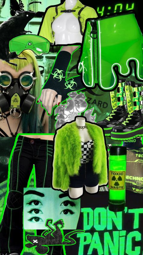 #radioactive #neonaesthetic #neongreen #neongreenaesthetic #rat #rats #cyber #cybercore #cybergoth #slime #slimey #slimegirl #apocalypse #apocalyptic #apocalypsecore #sewage #futuristic #gross #grosscore Slime Punk Aesthetic, Trashcore Outfit, Radioactive Aesthetic, Bratz Summer, Cybergoth Outfits, Green Goth, Cybergoth Aesthetic, Cybergoth Fashion, Slimes Girl