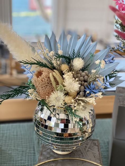 Diy Disco Ball, Disco Ball Decorations, Disco Birthday Party, Disco Theme, Event Centerpiece, Diy Arrangements, Dried Florals, Event Table, Wedding Flower Inspiration