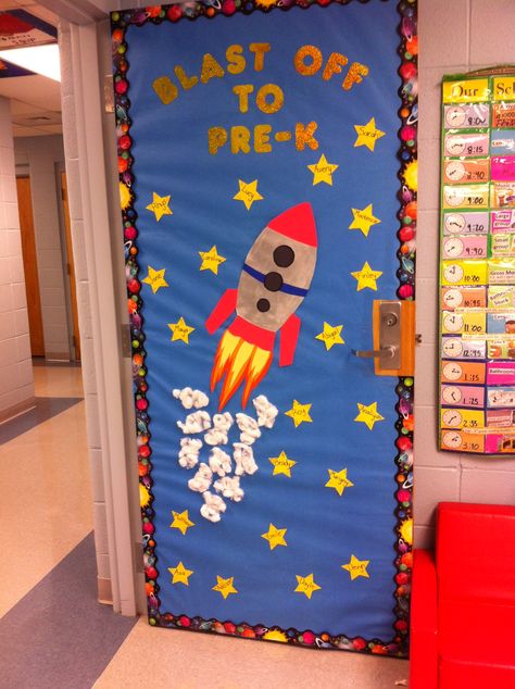 My classroom door! Space Themed School Door, Planet Door Decorations Classroom, Outer Space Classroom Door, Classroom Door Space Theme, Space Door Decorations Classroom, Space Classroom Door, Spaceship Classroom Door, Astronaut Classroom Door, Class Board Decoration