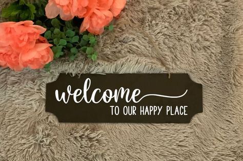 "Check out this adorable black farmhouse sign! Welcome To Our Happy Place. This sign measures 15.5\" long by 5\" high.  It also comes with a twine hanging rope. The words Welcome To Our Happy Place are done in a white vinyl. Grab this one today for your house!!" Welcome To Our Happy Place, Hello Sweet Cheeks Sign, Powder Room Signs, Happy Place Sign, Black Farmhouse, Our Happy Place, Hello Sweet Cheeks, Glitter Print, Farmhouse Sign