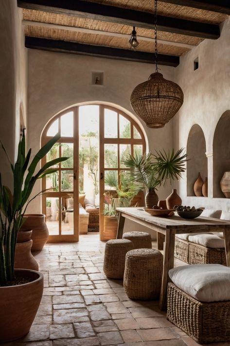 A cozy Mediterranean-style interior featuring arched doorways, rustic wooden ceilings, and natural decor like potted plants and woven rugs for a warm, inviting atmosphere. Arched Doorways, Natural Decor, Mediterranean Design, Decor Elements, Wooden Ceilings, Home Aesthetic, Cozy Space, Nature Decor, Inspired Homes