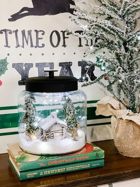 Miniature Cabin, Candle Jars Crafts, Faux Trees, Charlie Brown Tree, Snowy Scene, Diy Snow Globe, Fake Snow, Snow Fairy, Christmas Crafts To Make