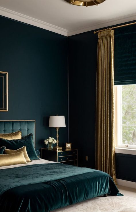 Velvet Curtains Bedroom, Green Room Ideas Bedroom, Emerald Green Bedrooms, Blue And Gold Bedroom, Blue Velvet Curtains, Velvet Bedroom, Dark Blue Bedrooms, Bedroom Colour Palette, Gold Bedroom