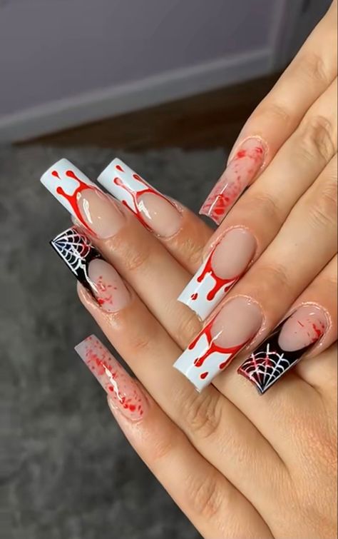 Halloween Acrilyc Nail Ideas, Halloween Nails Red And White, Hollween Costumes Ideas Nails, Medium Length Nails Acrylic Coffin Halloween, Halloween Birthday Nails Short, Halloween Movie Nail Designs, Halloween Nail Designs Acrylic Square, Halloween Nail Designs Coffin Shape, Coffin Shaped Halloween Nails