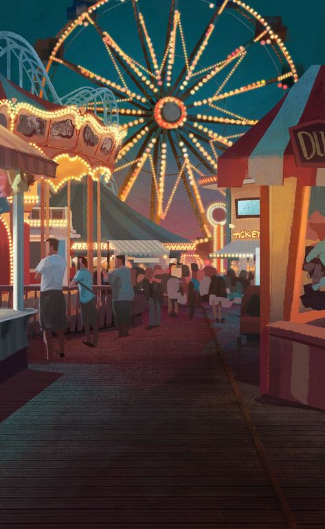 Theme Park Illustration Concept Art, Amusement Park Poster Design, Carnival Background Aesthetic, Carnival Painting Canvas, Carnival Poster Ideas, Carnival Rides Aesthetic, Fair Wallpapers, Amusement Park Ideas, Carnival Moodboard