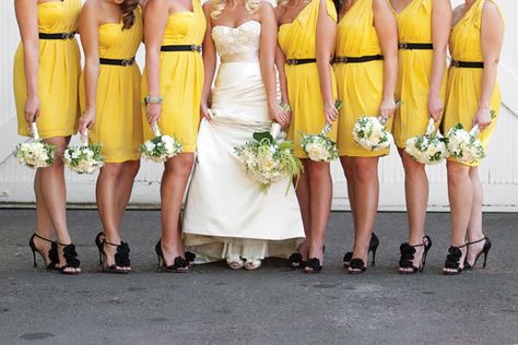 yellow bridesmaid dresses. Love them matched with the black shoes. So cute! Black And Yellow Wedding, Black Bridesmaids, Yellow Bridesmaid Dresses, Wedding Belt, Yellow Bridesmaids, Yellow Wedding, Black And Yellow, Mellow Yellow, Event Styling