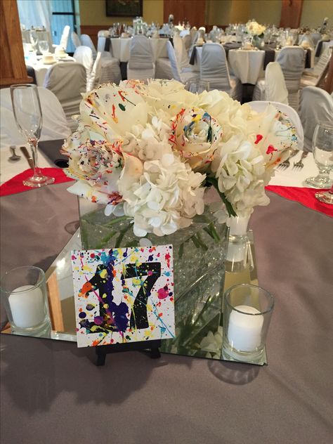 Paint Splatter Wedding Centerpiece Painting Party Centerpieces, Splash Party, School Auction, Splatter Paint, Floral Centerpiece, Garden Girls, Paint Splash, Party Centerpieces, Wedding Centerpiece