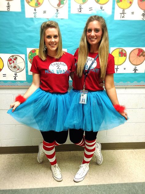 Read Across America Week! Teacher 1 Teacher 2 outfits ❤️❤️ Happy Birthday Dr. Seuss #iteachthird #teachersfollowteachers #drseuss Teacher 1 Teacher 2 Shirts Dr. Seuss, Teacher Spirit Week Outfits, Dr Sues Costumes, Dr Seuss Spirit Week Outfit Ideas, Thing 1 Thing 2 Costume Teacher, Dr Seuss Teacher Costume, Dr Sues Dress Up Ideas, Dr Suess Character Dress Up, Cat In The Hat Dress Up Ideas For School