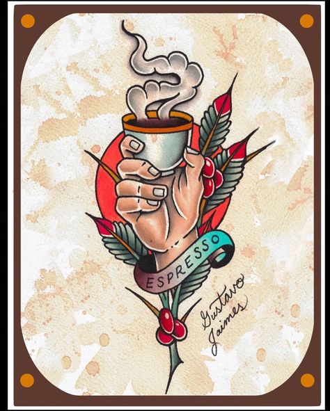 Coffee Tattoo Ideas Traditional, Old School Coffee Tattoo, Neo Traditional Coffee Tattoo, Neotraditional Coffee Tattoo, Traditional Coffee Tattoo, Coffee Tattoo Design, Espresso Tattoo, Coffee Tattoo Ideas, Coffee Cup Tattoo