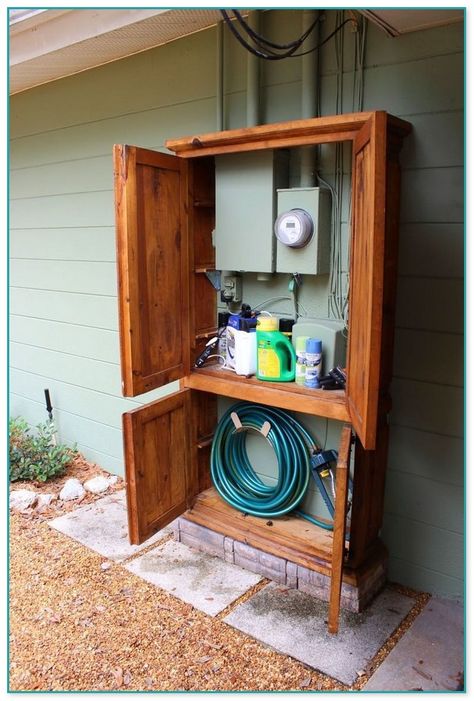 Outdoor Electrical Box Cover, Diy Curb Appeal Ideas, Breaker Box Cover, Sneaky Storage, Wood Block Flooring, Utility Covers, Cover Electrical Panel, Curb Appeal Ideas, Pool Deck Decorations