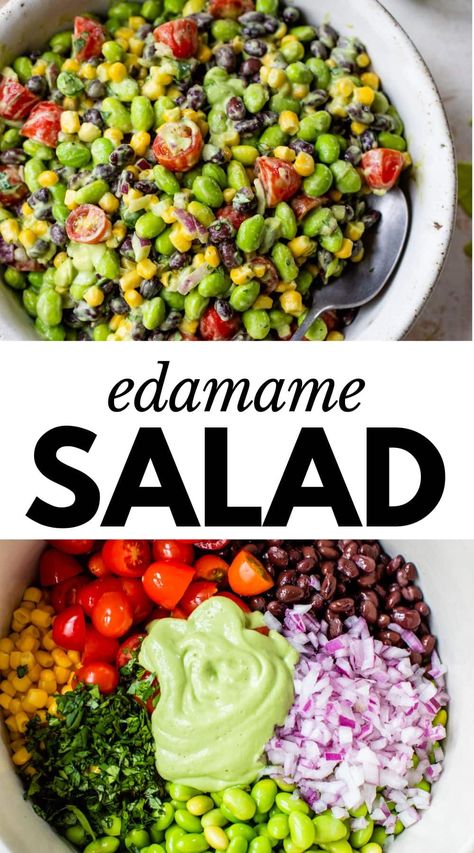 This easy Edamame Salad makes eating the rainbow fun! Edamame, black beans, corn, tomatoes, and red onion are dressed in my spicy avocado dressing. Enjoy it as a quick and refreshing summer salad or party dip to serve with tortilla chips. Edamame Recipes Salad, Eating The Rainbow, Edamame Recipes, Black Beans Corn, Edamame Salad, Party Dip, Avocado Dressing, Healthy Food Options, Salad Side Dishes