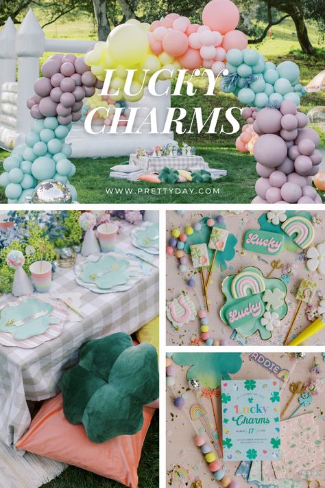 You're in luck! Grab some inspiration for a totally sweet Lucky Charms party! This party was a collaborative effort by many amazing vendors. Check them out now! Girly St Patricks Day Party, Lucky Charms Theme Party, Lucky Charms Party Decorations, Lucky Seven Birthday Party, Lucky Charm Party Theme, Lucky Charms Decorations, Lucky Birthday Theme, One Lucky Charm Birthday, Lucky Charm Baby Shower Theme