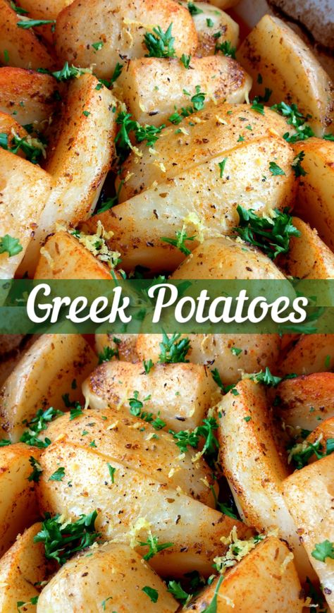 Greek Potatoes! A Mediterranean inspired recipe for potatoes baked until tender and golden with olive oil, butter, garlic and lemon. Greek Potatoes Recipe Air Fryer, Greek Potatoes Recipe, Recipe For Potatoes, Gold Potato Recipes, Lemon Roasted Potatoes, Baking With Olive Oil, South Your Mouth, Greek Lemon Potatoes, Best Easy Dinner Recipes