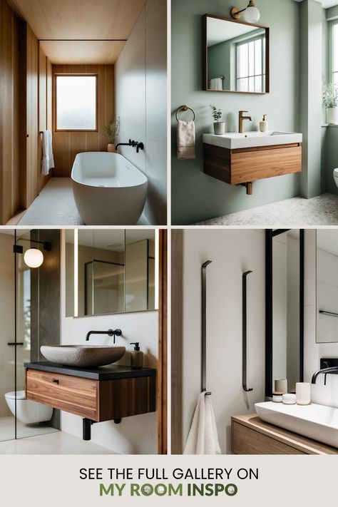 A pin showcasing 4 stunning Japandi bathroom designs, blending Scandinavian minimalism and Japanese style for serene living spaces. Japandi Bathroom Ideas, Japandi Bathroom Design, Oversized Round Mirror, Japanese Bathroom Design, Japandi Bathroom, Shoji Doors, Simple Aesthetics, Bamboo Ladders, Style Japandi