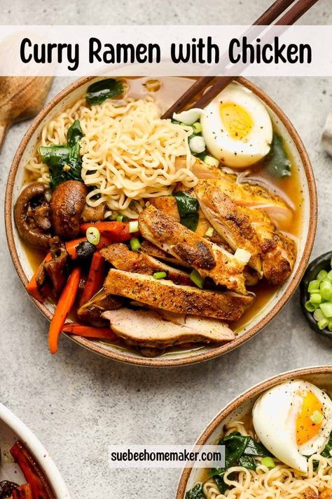 Chicken Curry Ramen combines grilled chicken thighs with a tasty broth, veggies, and ramen noodles. Add plenty of curry powder, fresh garlic, and fresh ginger for an extra flavor-packed meal! Chicken Ramen Noodle Recipes, Curry Ramen, Ramen Noodle Recipes, Grilled Chicken Thighs, Hearty Casseroles, Ramen Soup, Cheesy Pasta, Pasta Casserole, Chicken Curry