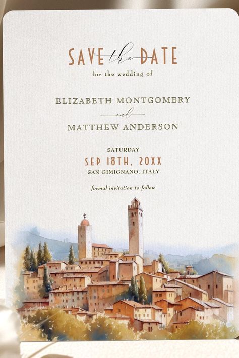 Save The Date Tuscan Wedding San Gimignano Italy Invitation Gimignano Italy, San Gimignano Italy, Tuscan Wedding, Formal Invitation, Wedding Saving, Save The Date, Dates, Italy, Save The Date Cards