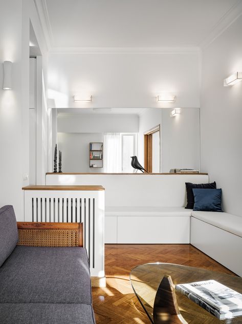 Virna Koutla & Dimitris Thomopoulos Architects balance timeless design with modern living in Athenian apartment renovation - The Greek Foundation Classic Apartment, Oak Wood Floors, Apartment Renovation, Herringbone Pattern, Architect Design, Wooden Doors, Wooden Handles, White Walls, Modern Living