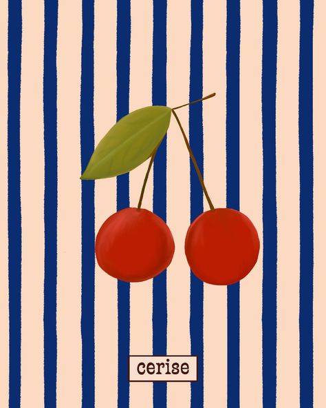 Ooh la la 🍒 I’m feeling very stripey right now. Another one for the fruity collection 🍒 #cherries #cherryart #cherries🍒 #cherryposter #fruity #stripes #fruitonstripes #poster #posterdesign #gallerywall #maximalism #dopaminedecor #kidsinteriorlove #kidsinteriors #nurserydecor #cottage #cottagecore #fruitcore #kitcheninspiration #kitchenart #foodartmonthly Circle Poster Design, Cherries Illustration, Cherry Illustration, Cherry Poster, Cherry Graphic, Line Art Flowers, Cherry Design, Painted Tote, Ooh La La