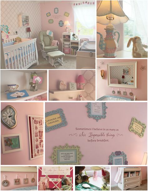 Alice in Wonderland Themed Nursery   AMAZON:  Crib Changing Table Night Stand Shadow Box Quote Decal  Pink Memo Board   BUY BUY BABY/3B:  Dutalier Reclining Rocker  Willow by Wendy Bellissimo Bedding Set Dali Wall Clock    IKEA:  Three Tiered Bookshelf & Bins Curtain  Large White Picture Frame Owl Shelf/Hooks   MICHAEL'S/HOMEMADE: Picture Frames and Quotes Flower Wall Decals  Ornament Picture Frames  Small White Picture Frame Pink Wicker Bins Alice In Wonderland Nursery, Wonderland Bedroom, Wonderland Nursery, Alice In Wonderland Bedroom, Wonderland Room, Disney Themed Nursery, Alice In Wonderland Room, Girl Nursery Themes