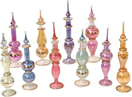 CraftsOfEgypt Genie Blown Glass Miniature Perfume Bottles for Perfumes & Essential Oils, Set of 10 Decorative Vials, Each 4" High (12cm), Assorted Colors Miniature Perfume Bottles, Egyptian Decorations, Egyptian Perfume, Egyptian Perfume Bottles, Harry Potter Wedding Theme, Miniature Perfume, Antique Glass Bottles, Genie Bottle, Essential Oil Set