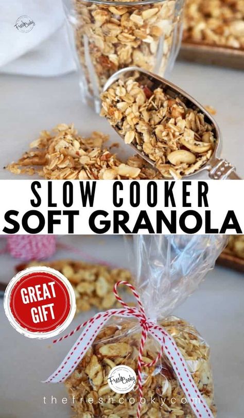 Warm and chewy, soft baked granola easily made in your crockpot or slow cooker! Numerous mix in ideas, great as a topping on yogurt or by itself like cereal. Maple Pecan, Trail Mix Granola, Chocolate Chunk, Hawaiian. This healthy granola is the best! Makes great hostess or neighbor gifts. Recipe #thefreshcooky #granola #homeade #granola #soft #best #easyrecipes #crockpot #slowcooker #kidfriendly #allnatural #snack #yogurtparfaits #foodgifts  via @thefreshcooky Soft And Chewy Granola, Soft Chewy Granola Recipe, Diy Granola Cereal, Crockpot Granola Recipes, Soft Granola Recipe, Homemade Soft Granola, Chewy Granola Recipe, Soft Baked Granola, Homeade Granola