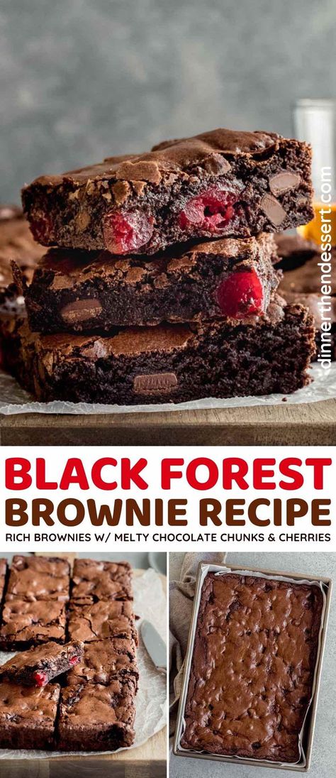 Black Forest Brownies are the perfect thick, fudgy, dark chocolate brownies with melty chocolate chunks and maraschino cherries throughout. A perfect dessert bar version of black forest cake! Dark Chocolate And Cherry Desserts, Black Cherry Brownies, Dark Cherry Desserts, Chocolate Cherry Brownies Easy, Cherry And Chocolate Desserts, Black Forest Fudge, Black Forest Recipes Desserts, Cherry Brownies Pie Fillings, Desserts With Maraschino Cherries