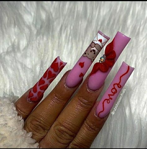 Lover Acrylic Nails, Vday Acrylic Nails, Bad Nails, Vday Nails, Long Acrylic Nail Designs, Tapered Square, Drip Nails, Dope Nail Designs, Long Acrylic Nails Coffin