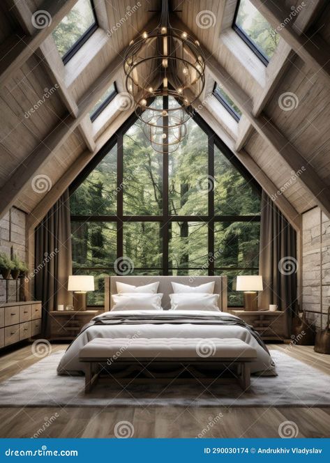 Vaulted Ceilings With Skylights, A Frame Skylights, Bedroom Skylight Ideas, Glass Ceiling Bedroom, Bathroom With Vaulted Ceiling, Exposed Beams Bedroom, Ceiling With Skylights, Skylight Bedroom, Modern Rustic Bedroom