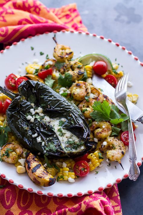 Grilled Chiles Rellenos with Chipotle Peach Mojo Shrimp | halfbakedharvest.com Mojo Shrimp, Best Shrimp Recipes, Grilled Peppers, Chile Relleno, Half Baked, Stuffed Poblano Peppers, Half Baked Harvest, Peach Mango, Peppers Recipes