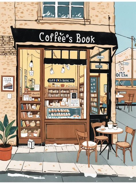 Coffee Shop Sketch, Book Cafe Aesthetic, Bookshop Illustration, Coffee Shop Illustration, Places Illustration, Lofi Animation, Cafe Drawing, Anime Procreate, Cafe Illustration