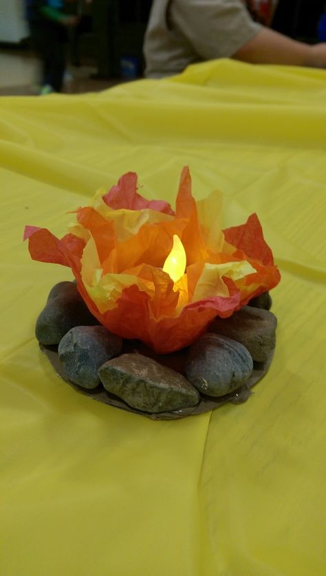 Diy Fire Decorations, Cokesbury Camp Firelight Vbs, Camp Firelight Vbs Snacks, Tissue Paper Fire, Fire Theme, Fire Crafts, Paper Fire, Vacation Bible School Themes, Wild One Birthday Party