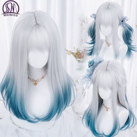 US $17.24 49％ Off | MSIWIGS Women Synthetic Lolita Wig Long Straight Ombre Two Tone Silver Grey Blue Hair For Cosplay With Bangs White Hair Blue Tips, Mana Outfit, Blue And Grey Hair, Blonde Blue Hair, Blue And Silver Hair, Grey Blue Hair, White Hair Wig, Blue Silver Hair, Blue Hair Wig