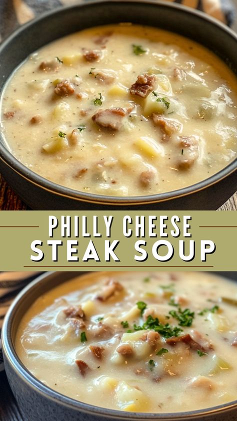 Philly Cheese Steak Soup Steak And Cheddar Soup, Steak And Cheese Soup, Soup With Sirloin Steak, Philly Cheese Soup, Philly Steak Soup, Cheesesteak Potato Soup, Prime Rib Philly Cheese Steak, Creamy Steak Soup, Leftover Steak Soup Recipes