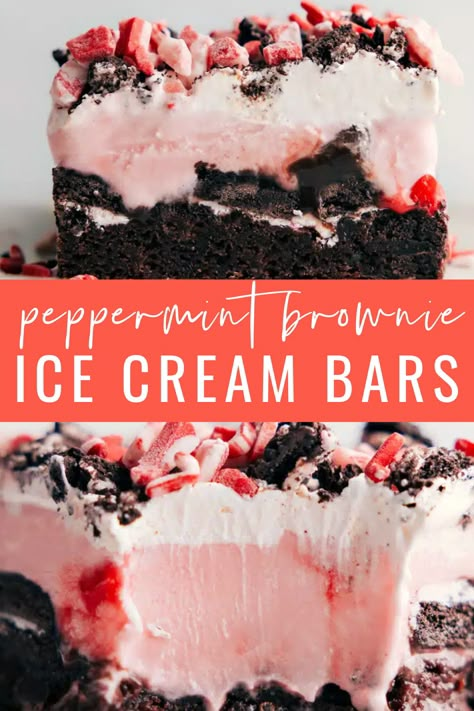 Try the best treat this season! Peppermint Brownie Ice Cream Bars, featuring a rich fudgy brownie base, Oreos, creamy fudge, and peppermint ice cream, topped with whipped cream. With just 5 main ingredients, they’re an easy and popular choice for the holidays! #dessert #best #quick #easy #simiple #treat #christmas #holiday #peppermint #peppermintbrownie #icecreambars Peppermint Ice Cream Dessert Recipes, Peppermint Stick Ice Cream Dessert, Peppermint Ice Cream Dessert, Christmas Ice Cream Desserts, Fudge Ice Cream Cake, Peppermint Stick Ice Cream, Peppermint Brownie, Ice Cream Dessert Recipe, Hot Fudge Topping