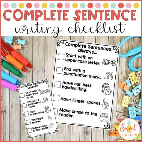 Complete Sentence Writing Checklist Freebie Complete Sentence, Sentence Checklist, Complete Sentence Anchor Chart, 5 Star Writing Checklist, Sentence Checklist Anchor Chart, Sentence Writing Anchor Chart First Grade, Sentence Stems For Writing First Grade, Complete Sentences Anchor Chart, Kindergarten Writing Checklist