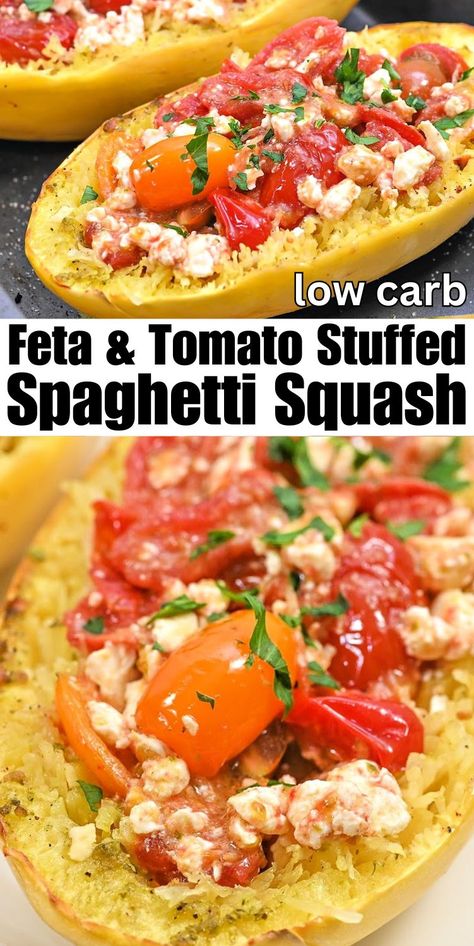 Low Carb Feta and Tomato Stuffed Spaghetti Squash #lowcarbfetaandtomatostuffedspaghettisquash #fetaandtomatostuffedspaghettisquash Buffalo Chicken Spaghetti Squash, Stylish Cravings, Tomato Stuffed, Easy Spaghetti Squash, Feta Tomato, Spaghetti Squash Recipes Easy, Cook Spaghetti Squash, Stuffed Spaghetti Squash, Feta Cheese Recipes