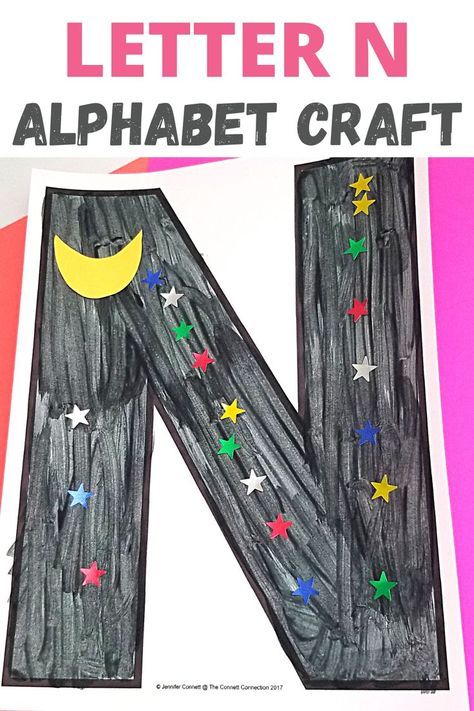 N is for Night! Create a night time scene with out of the letter N! These make great board displays and fine motor activity. Students will color and paint the letter N then add stickers to create the night sky. Letter N Craft, N Is For Night, Letter Outlines, Letter N Activities, N Alphabet, Literacy Activities Preschool, Letter Of The Day, The Letter N, Letter Craft