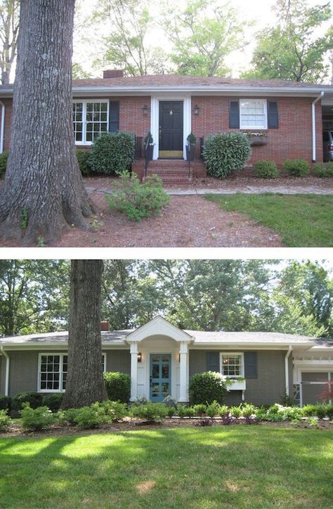 brick houses painted before and after | This brick ranch gained curb appeal with a new entryway and paint. Painted Brick Ranch, Brick House Exterior Makeover, Casa Garage, Painted Brick House, Ranch Remodel, Brick Ranch, Home Exterior Makeover, Exterior Renovation, Brick Exterior House