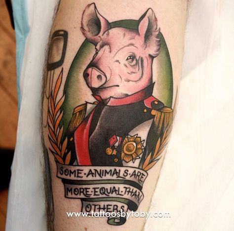 Incredible Animal Farm tattoo by @tattoosbytoby Blue Flame Tattoo, All Star Tattoo, Redwood Tattoo, Farm Tattoo, All Animals Are Equal, Wanderlust Tattoo, Amsterdam Tattoo, Traditional Tattoo Old School, Tattoo Expo